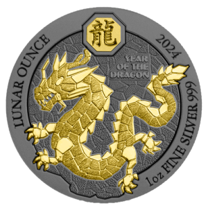 1 oz Silver Year of the Dragon - Gold Gilded & Ruthenium plated 